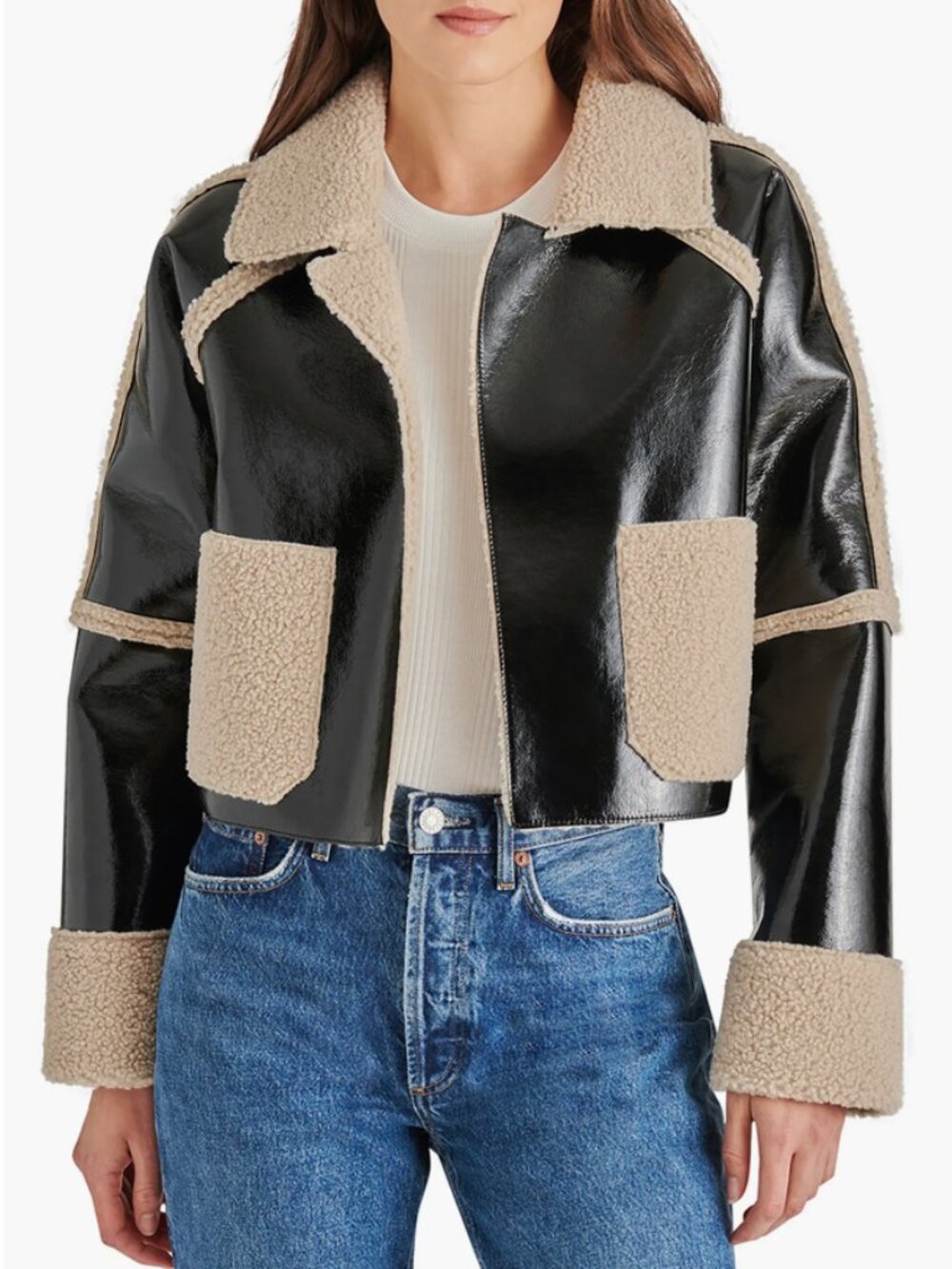 NWT Steve Madden Salma Faux Leather & Faux Shearling Cropped Jacket – Size XL